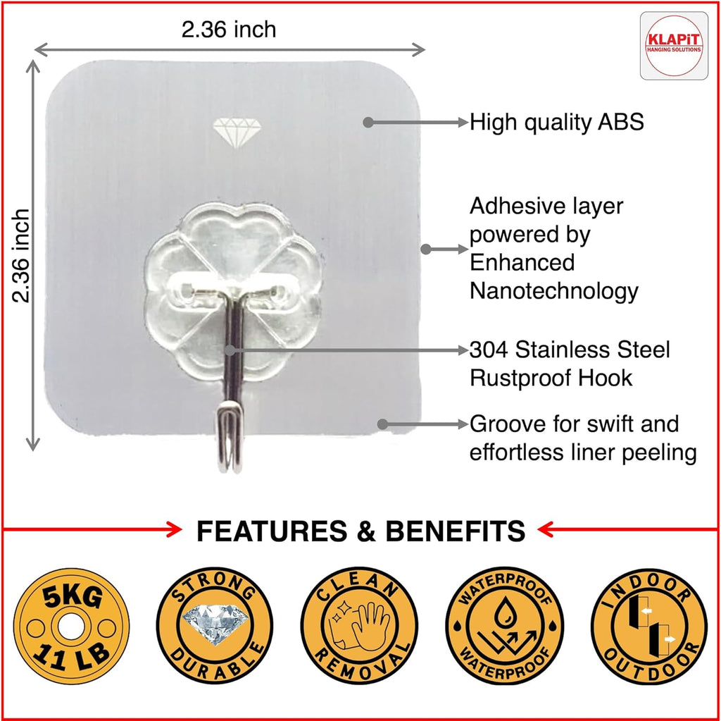 KLAPiT Super Hook - Heavy-Duty Adhesive Clear Wall Hooks, Holds Up to 11 lbs, Waterproof, No Damage, Easy Install on Tile, Wood, Stone, Glass & Metal - Made of Steel (Clear, 8pc)