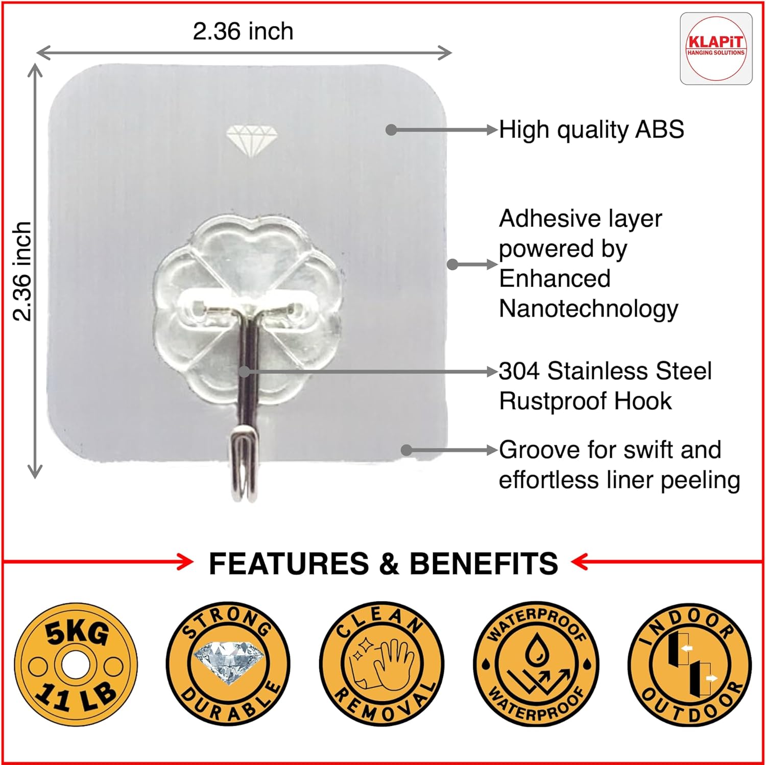 KLAPiT Super Hook - Heavy-Duty Adhesive Wall Hooks, Holds Up to 11 lbs, Waterproof, No Damage, Easy Install on Tile, Wood, Stone, Glass & Metal - Made of Steel (Clear, 4pc)