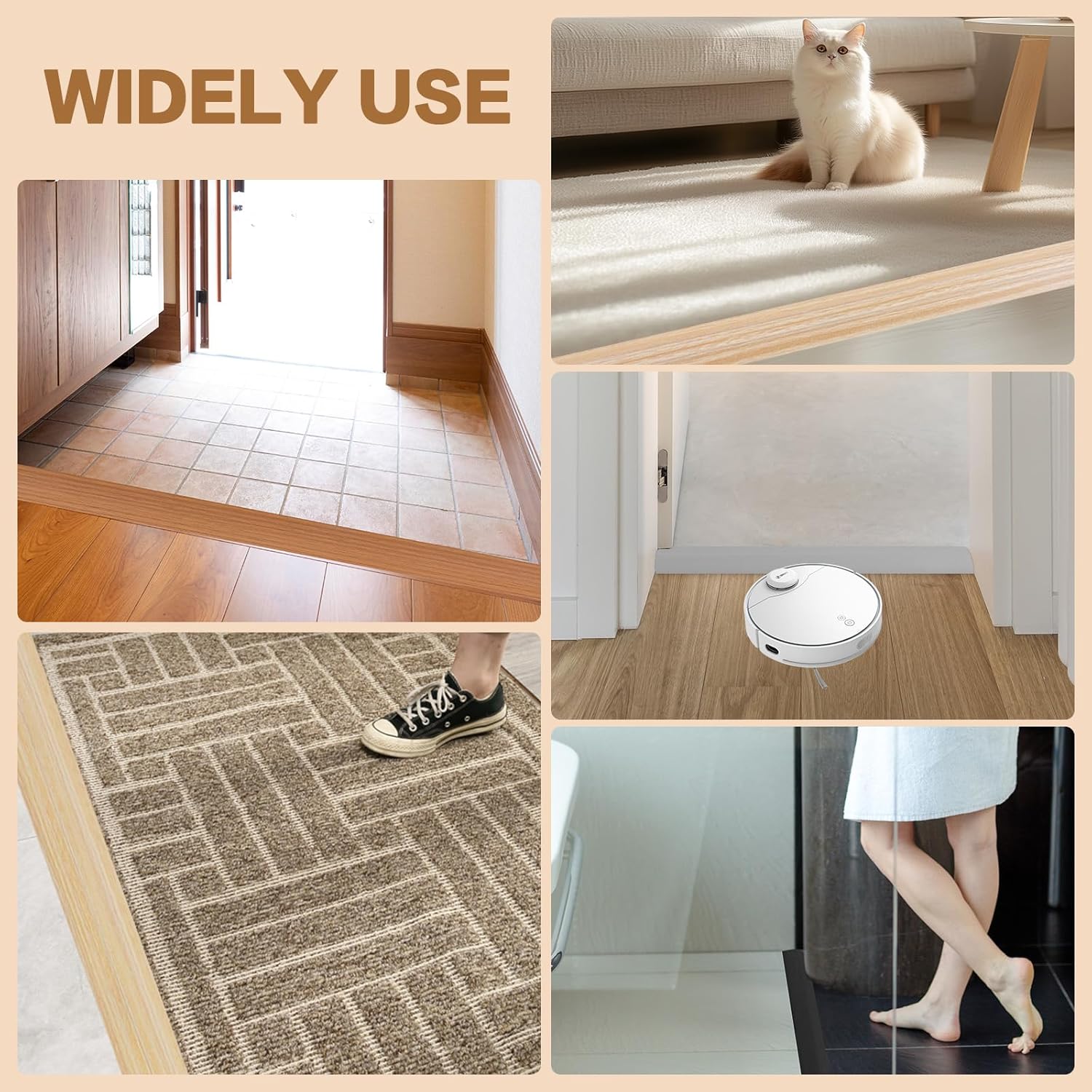 Floor Transition Strip Vinyl Door Threshold Ramp Self Adhesive Carpet Edging Strip Doorway Edge Trim, Overlap Edge Reducer for Laminate Carpet, Floor, Tile (Light Yellow Grain, 2/5" to 3/5", 6.6Ft)