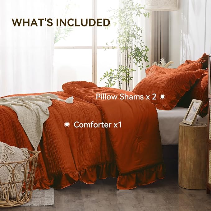 JOLLYVOGUE Burnt Orange Queen Comforter Set, 3 Pieces Seersucker Comforters - Image 6