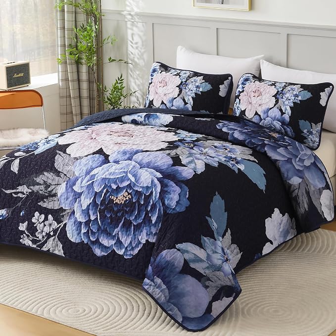 WONGS BEDDING Navy Boho Floral Quilt Set King, 3 Pieces Elegant Blue Flower - Image 2