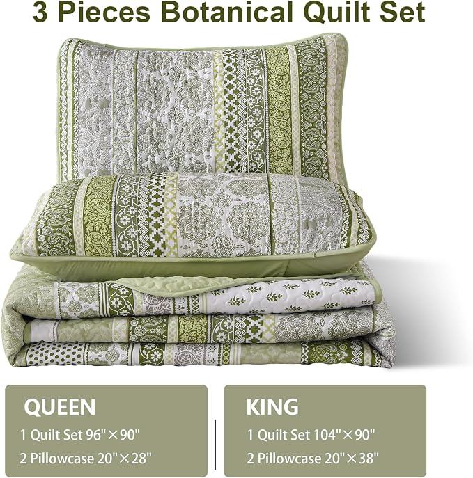 WONGS BEDDING Boho Quilt Set King Size, Sage Green Bohemian 3 Pieces Quilt Sets - Image 7