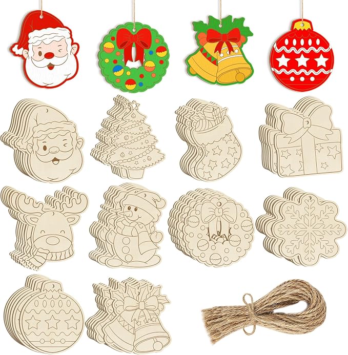 80PCS Wooden Christmas Ornaments to Paint, 10 Styles DIY Blank Unfinished by Sophena