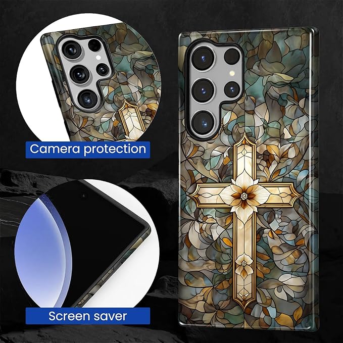for Samsung Galaxy S23 Ultra Case, Christian Cross Stained Glass Pattern Glossy - Image 5