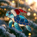 Sea Turtle Santa Hat Acrylic Suncatcher, Faux Stained Glass Indoor Window by Unknown
