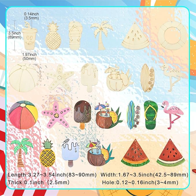 32 pcs Mixed Styles Beach Theme Unfinished Wood Cutout Charms Watermelon Ice - Image 2