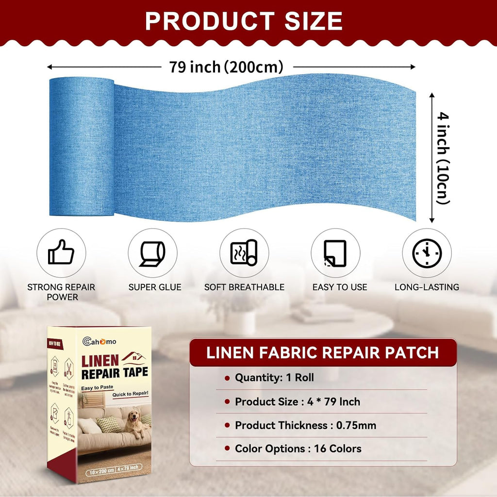 Linen Repair Tape 4x79 inch, Self Adhesive Fabric Patches, Linen Patch Tape Kit, Fabric Repair Tape for Couch Sofas, Headboards, Chairs, Pillows, Curtains, Couches - Blue
