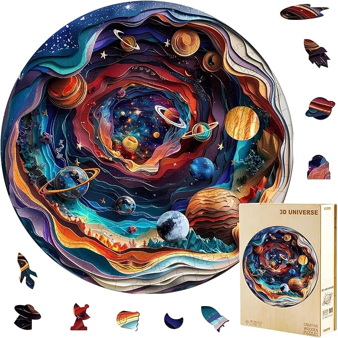 300 Pieces Wooden Puzzles Adults, 3D Vision Universe Round Wood Jigsaw Puzzle by Jollitot