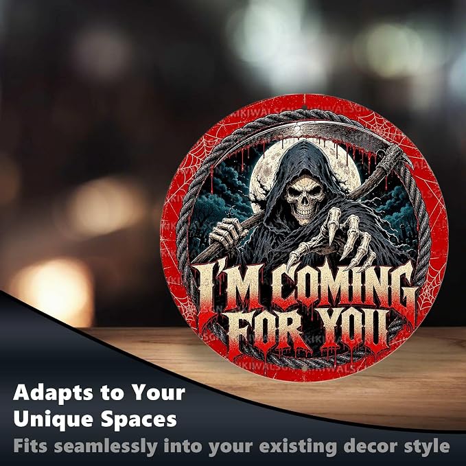 Grim Reaper Halloween Metal Tin Sign Round Wall Decor Blood Moon Scythe Gothic - Image 6