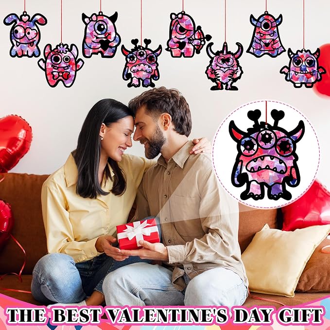 Eersida 32 Sets Valentine's Day Monster Suncatcher Craft Kit, DIY Stained Glass - Image 6