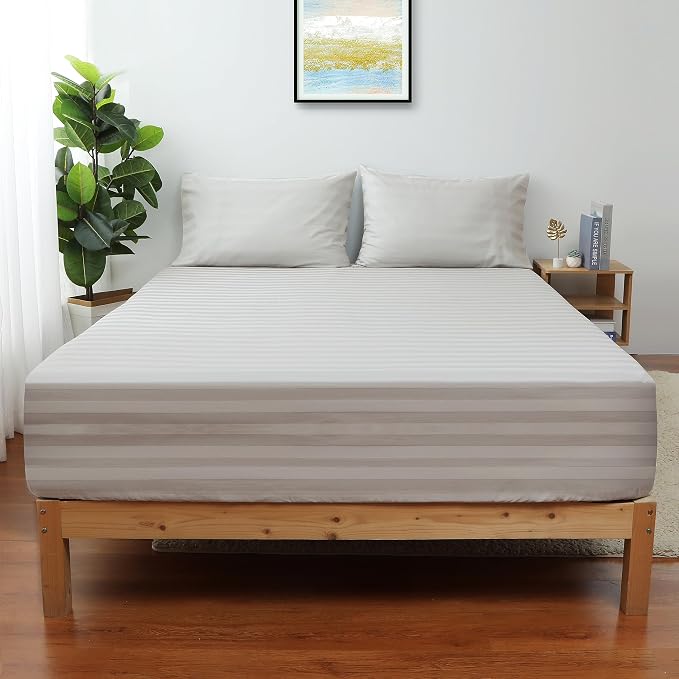 Twin Size Striped Fitted Sheet Only Light Beige Color, 100% Egyptian Cotton 600 by ShunjieHome