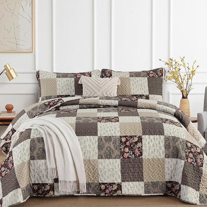 Xruibed Floral Plaid Patchwork Fall Quilt Set Queen Size 3 Pieces Taupe Beige by Xruibed