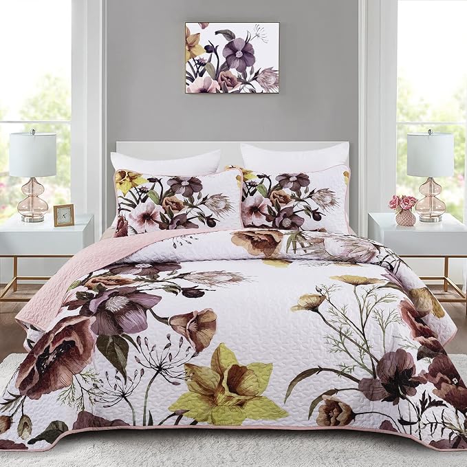 Drucon Floral Quilt Set Queen 3 Pieces Boho Blush Quilt Coverlet Set Soft by DRUCON