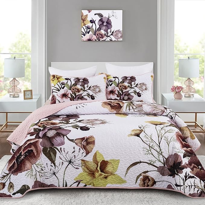 Drucon Floral Quilt Set King 3 Pieces Boho Blush Quilt Coverlet Set Soft by DRUCON
