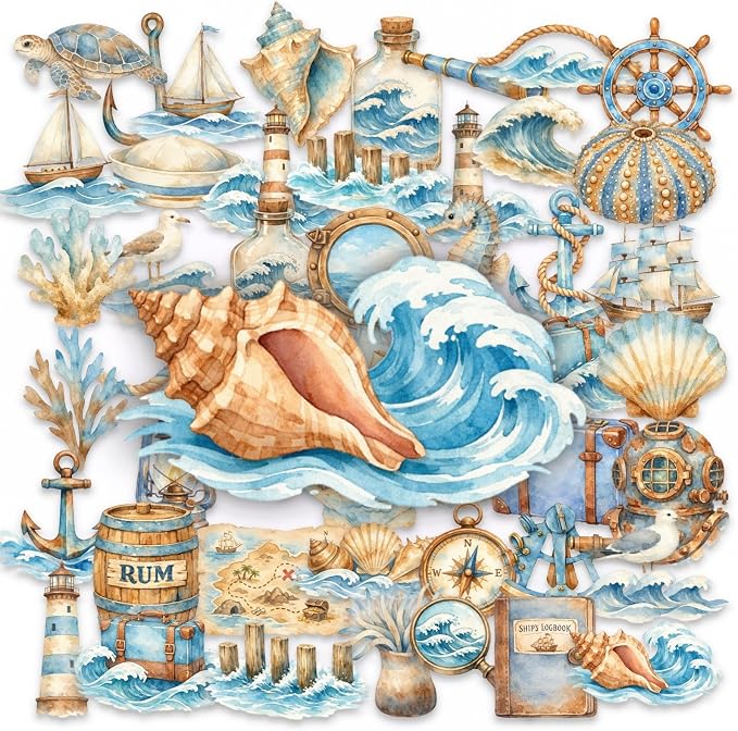 50Pcs Watercolor Nautical Stickers, Ocean & Sea Decals by Unknown