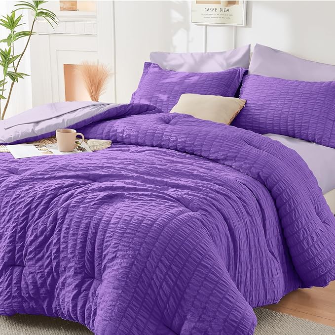 HYMOKEGE Dark Purple/Lavender Queen Comforter Set Seersucker 7 Pieces, All by HYMOKEGE
