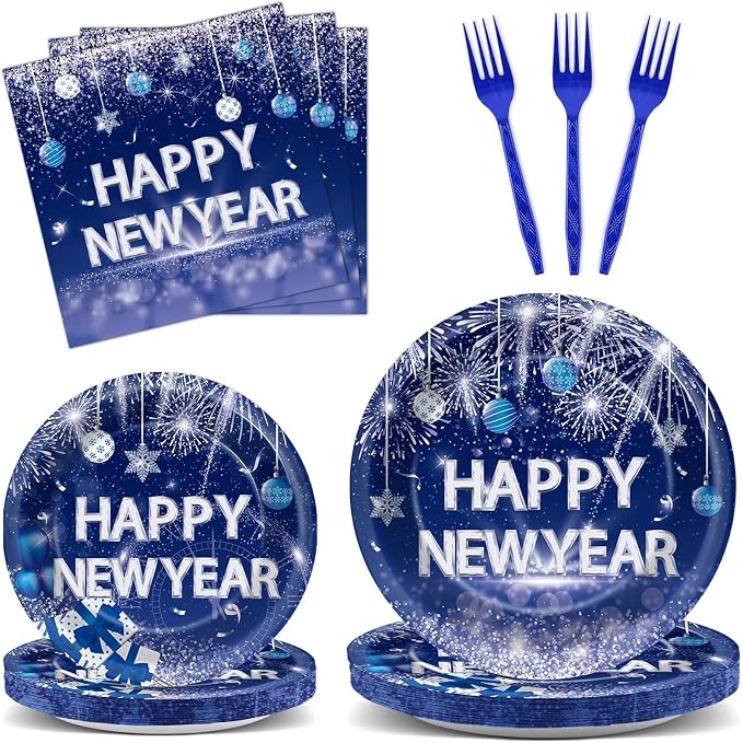 100PCS Happy New Year Party Plates and Napkins Party Supplies Blue 2026 New by Qyeahkj