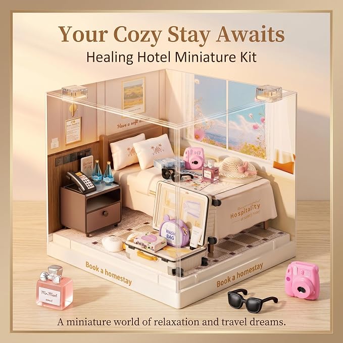 Cozy Hotel Room Miniature House Kit, Plastic DIY Dollhouse - Image 2