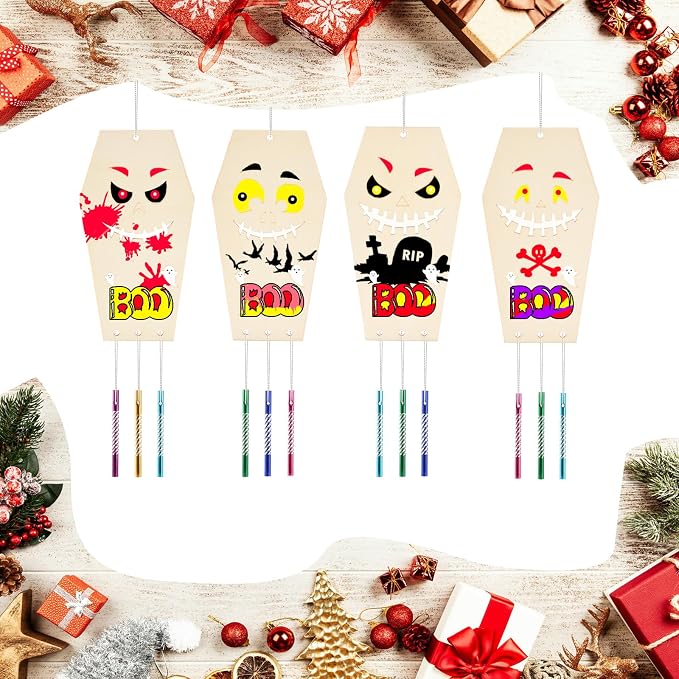 Wooden Coffins Wind Chime Ornaments Painting Craft, 6 Style Cutouts - Image 5