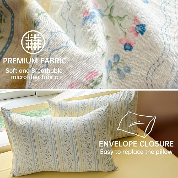 BOLINLIVING Vintage Floral Duvet Cover King Size, Reversible Blue Striped - Image 5