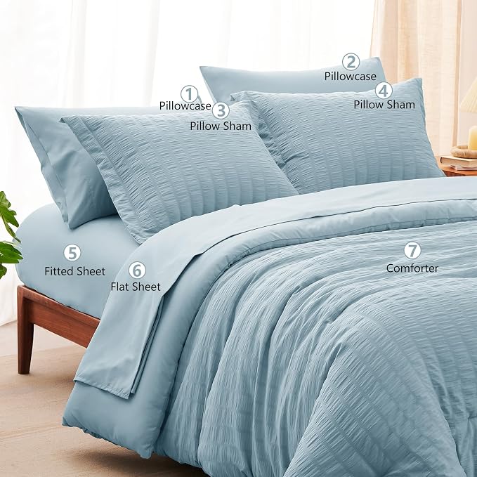 CozyLux Queen Comforter Set Light Blue Seersucker 7 Pieces Bed in a Bag Queen - Image 8