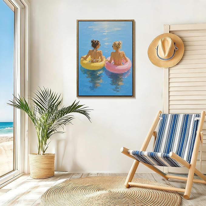 Framed Pastel Beach Float Wall Art Two Women in Colorful Swim Rings on Calm - Image 3