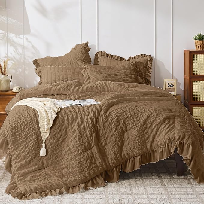 JOLLYVOGUE Queen Comforter Set, 3 Pieces Oak Brown Seersucker Comforters Queen by JOLLYVOGUE
