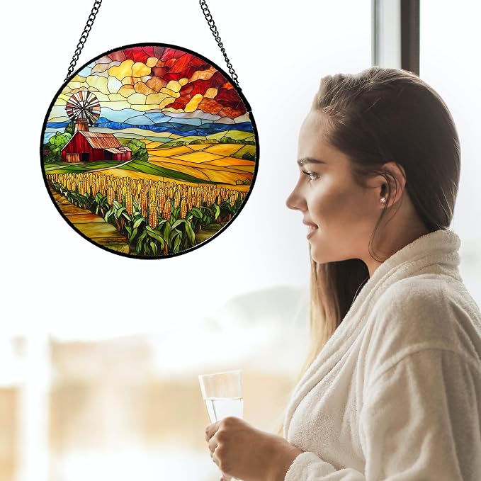 Stained Glass Window Hanging Autumn Farm Corn Harvest Landscape Large 11.8" - Image 2