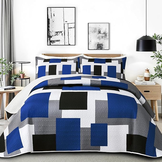 Tyrot 3 Piece Blue White Grey Quilt Set King Size Black White Geometric by TyrotHomeDecor