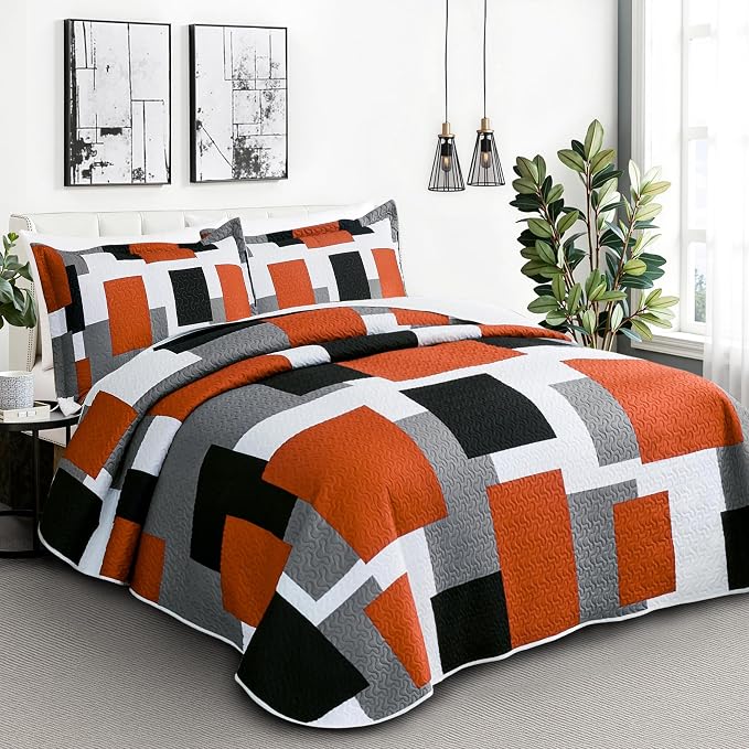 Tyrot 3 Piece Orange Grey Quilt Set Full/Queen Size Black White Gray Geometric - Image 2
