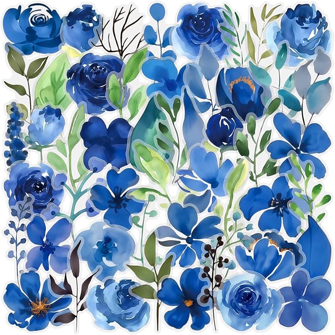 50PCS Blue Watercolor Flower PET Stickers, Waterproof Botanical Stickers - Image 7