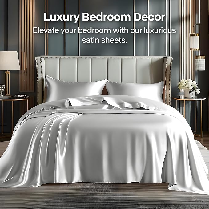BEDELITE Satin Sheets Twin Size Bed Set, Luxury Soft Grey Silky Sheets - Image 2