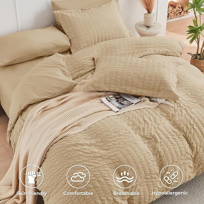 HYMOKEGE Khaki King Size Comforter Set Seersucker 7 Pieces, All Season Luxury - Image 3