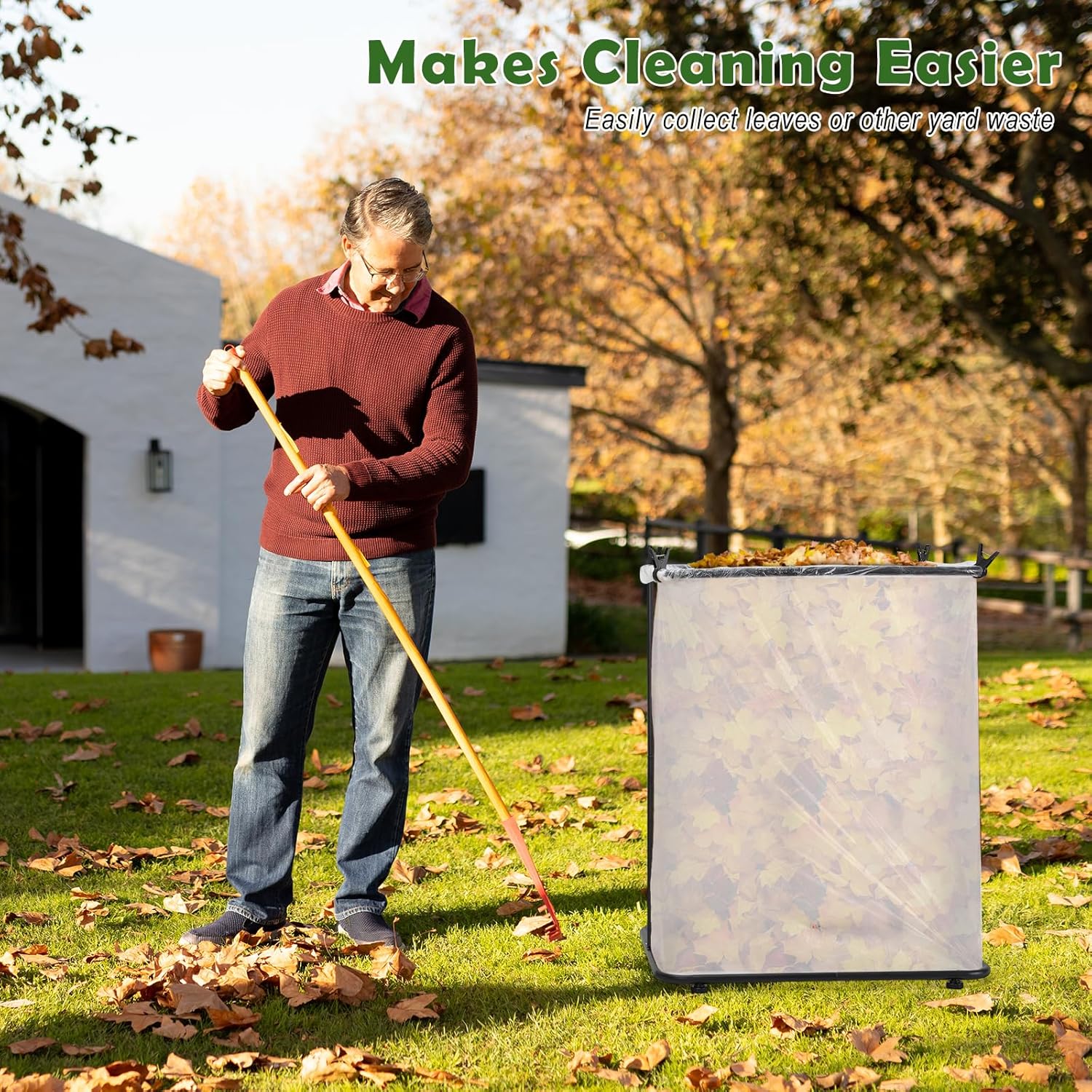 Vrisa Garden Trash Bag Holder Stand Outdoor Leaf Bag Holder Metal Wire Garbage Bag Holder Frame Holds 30-45 Gallon Bags Lawn Bag Holder with Clips for Camping Gardening Yard Weeding Lawn Parties