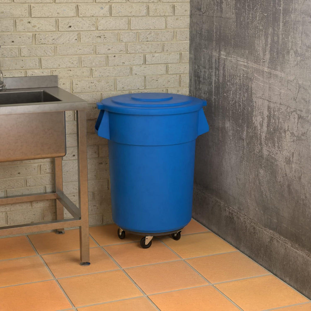 55 Gallon Blue Round Commercial Trash Can with Lid and Dolly