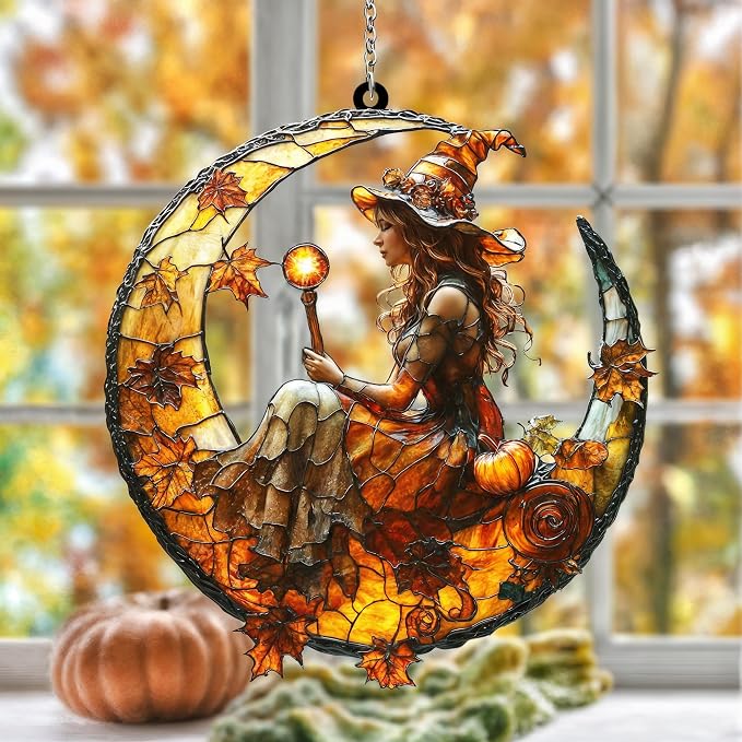 Autumn Witch Crescent Moon Acrylic Suncatcher by Unknown