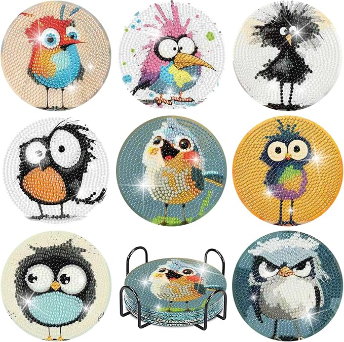 8 Pcs Retro Birds Diamond Art Coasters Kits by Fotasmua