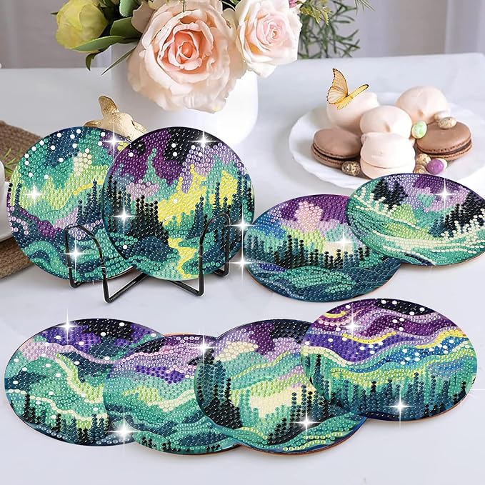 8 Pack Diamond Art Coasters, Northern Lights Diamond Painting Coasters Kits | - Image 6
