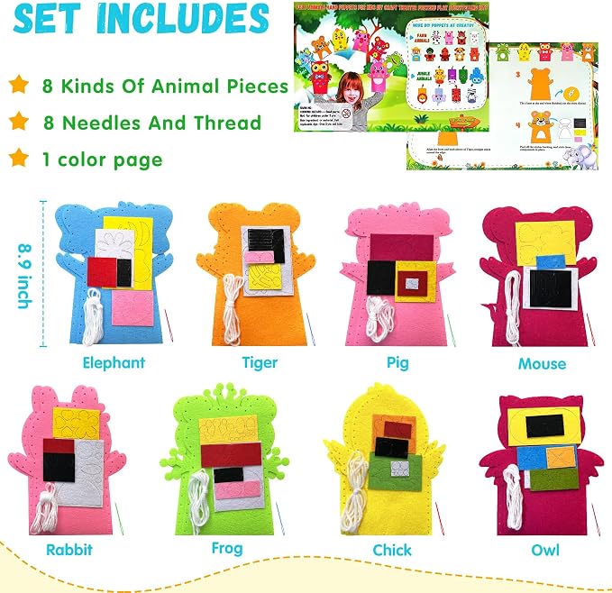 Animal Hand Puppet Crafts Kit for Kids 8pcs Sewing Kits for Girls 4-9 Felt DIY - Image 7