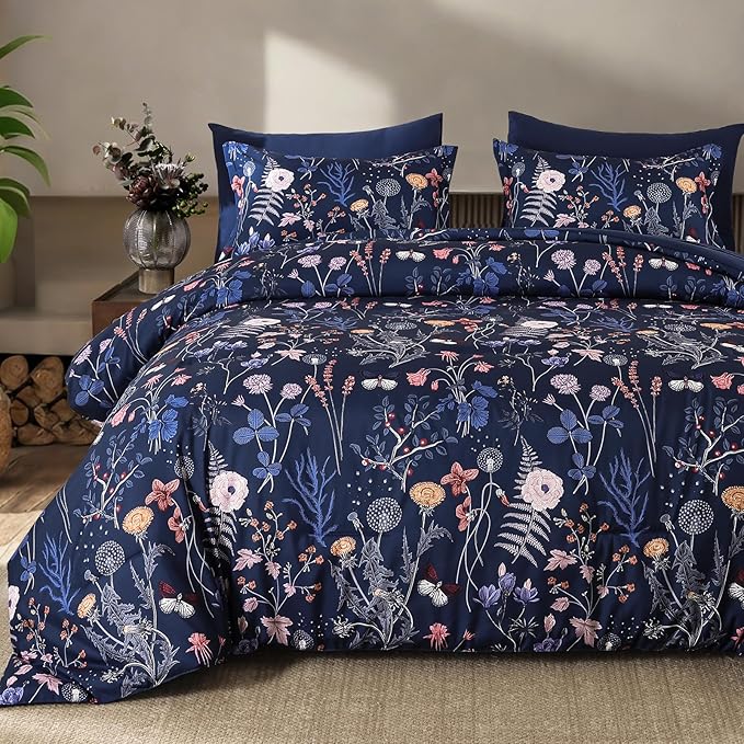 Yiran Queen Comforter Set, 7 Pieces Navy Blue Floral Soft Bedding Sets by Yiran