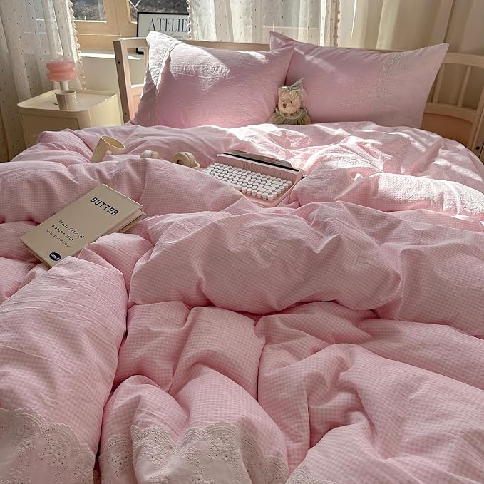 mixinni Pink Gingham Duvet Cover King Size - Image 2
