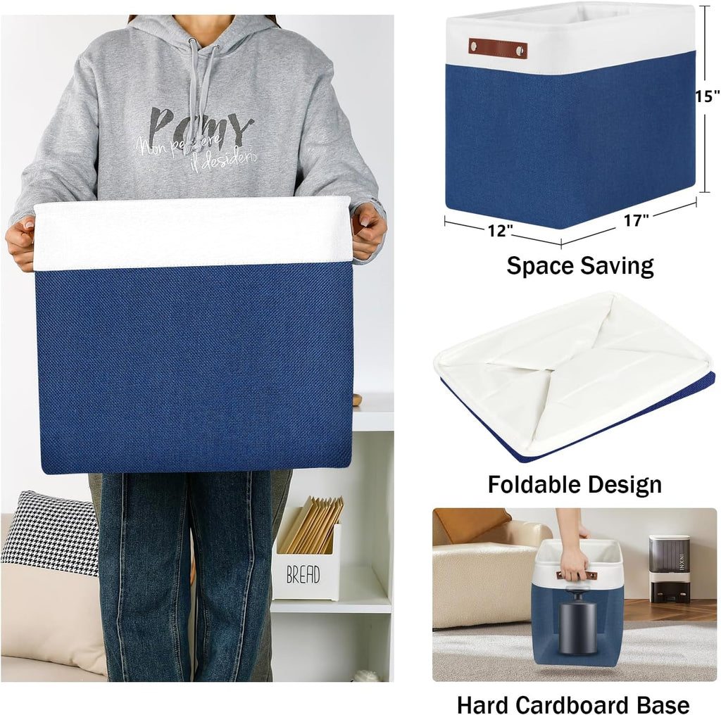 DULLEMELO Extra Large Storage Baskets, Fabric Storage Bins for Organizing Shelves Nursery Toys Books, Closet Baskets and Bins with Handles, White&Blue, 2-Pack