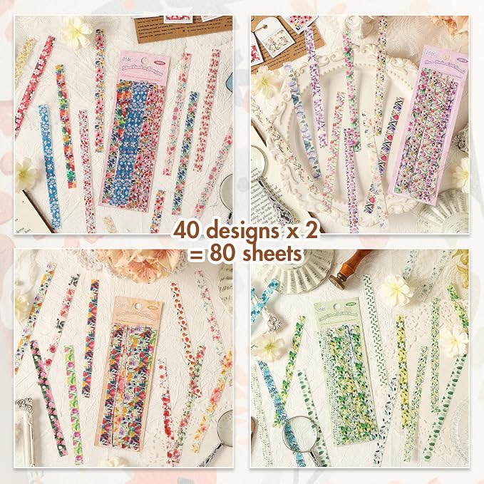 80 Pcs Vintage Botanical PET Flower Stickers Pack, Long Strip Transparent - Image 5