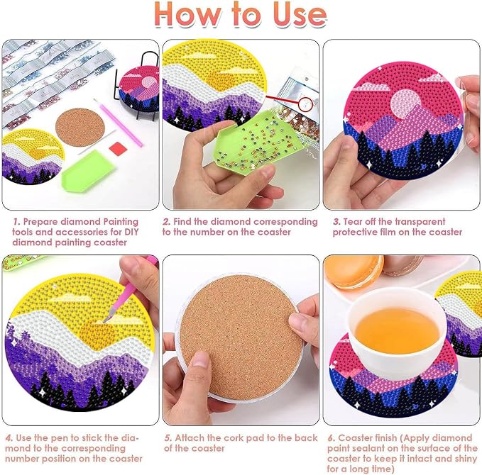 8 PCS Diamond Art Coasters Kits Moutain Sunset Diamond Painting Coaster | - Image 6