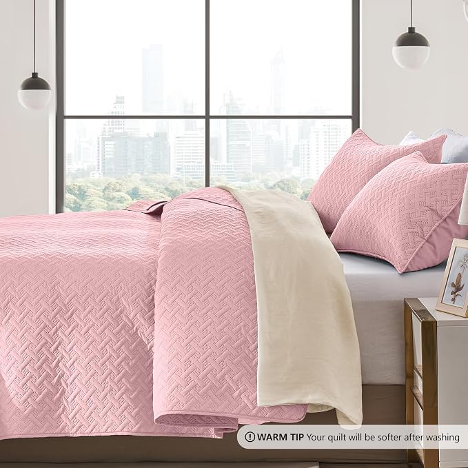 FLYMME Queen Quilt Bedding Set Pink Lightweight Bedspreads Full Size, Soft - Image 4