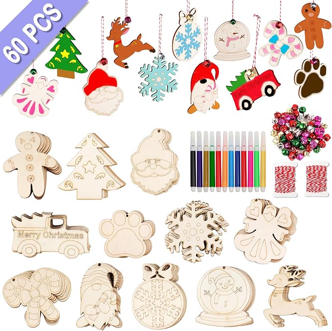GUDELAK 60PCS DIY Wooden Christmas Ornaments, 12 Styles Christmas Crafts by GUDELAK