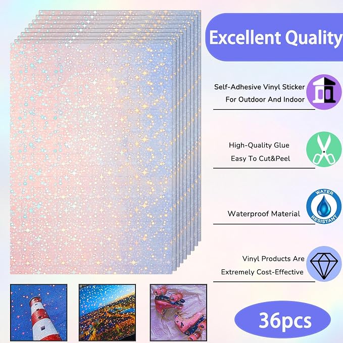 Clabby 36 Sheets Holographic Sticker Paper A4 Vinyl Holographic Laminate Sheets - Image 3
