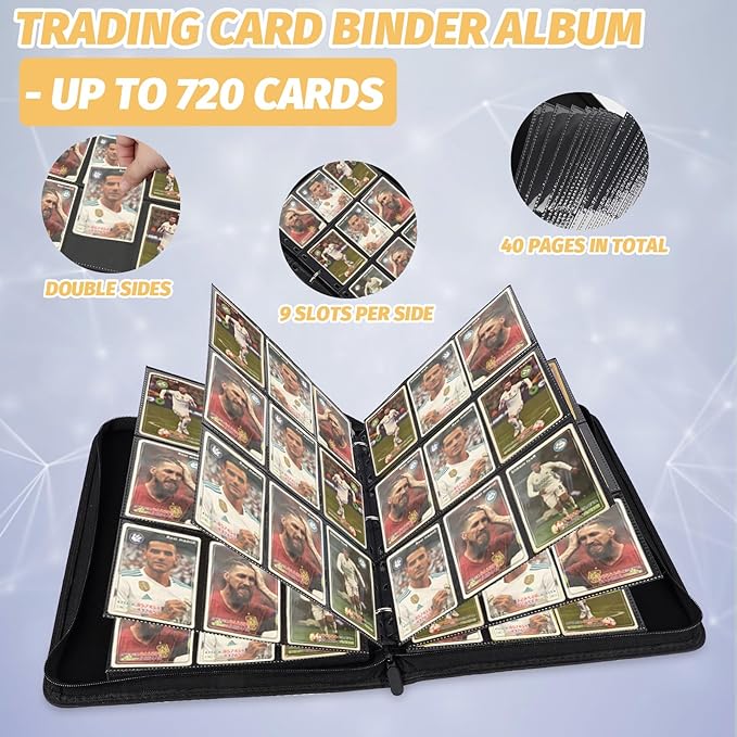 GERMUN 3 Ring 9 Pocket Zipper Card Binder, 720 Double Sided Standard PU Trading - Image 4