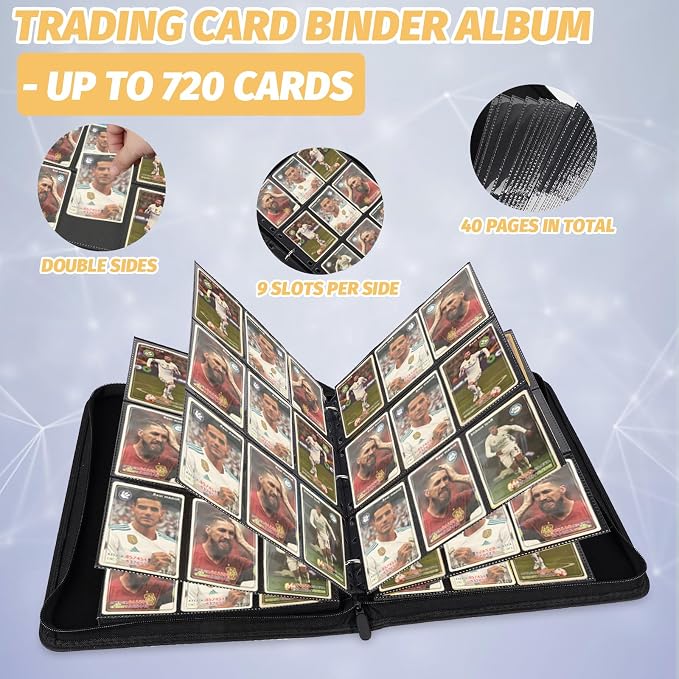 GERMUN 3 Ring 9 Pocket Zipper Card Binder, 720 Double Sided Standard PU Trading - Image 4