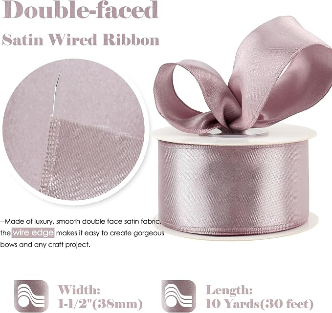 HUIHUANG Lilac Satin Wired Ribbon 1-1/2 inch Dusty Purple Wire Edge Ribbon - Image 2